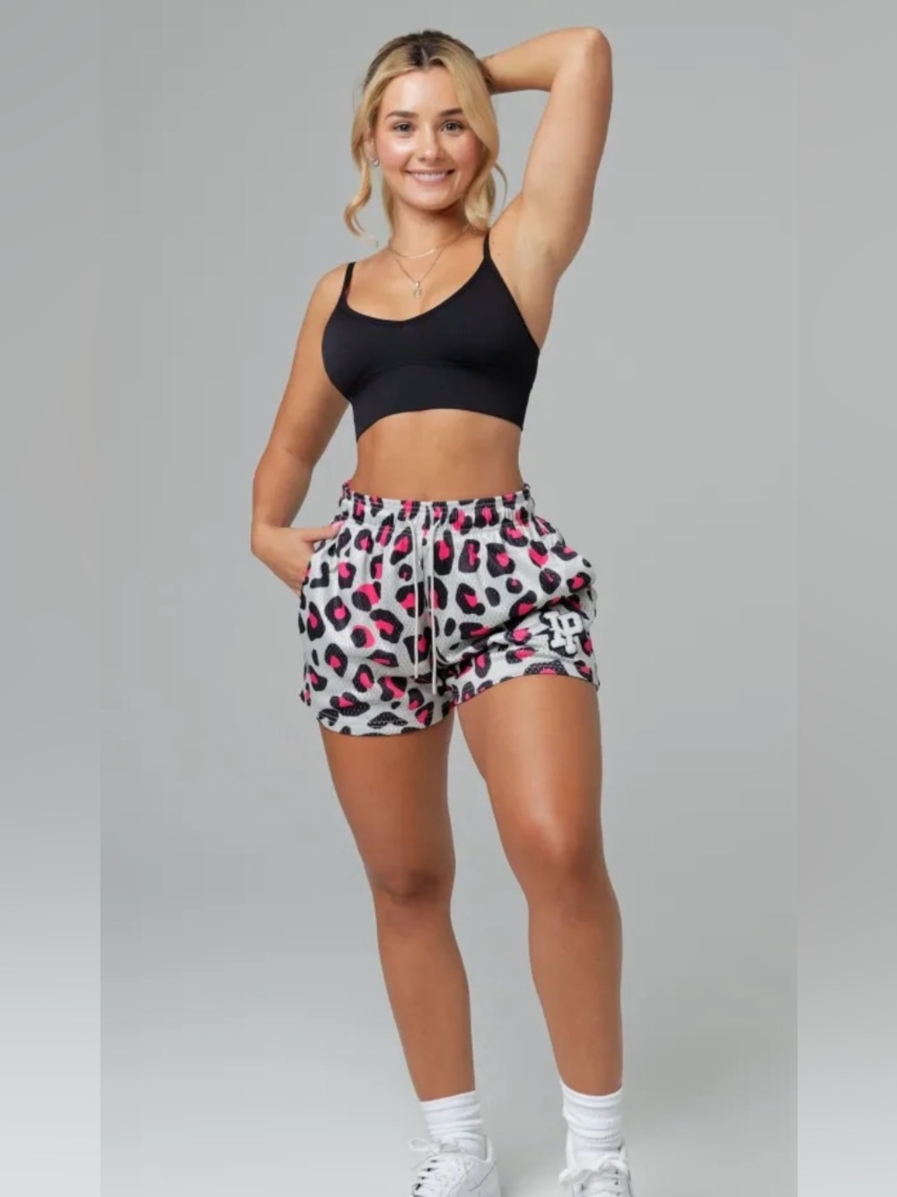 Inaka Power Pink Leopard Print Drawstring Shorts with Applique Initials